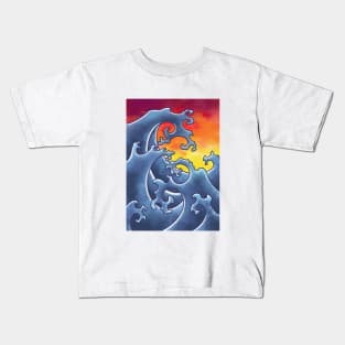 japanese waves tattoo style with sunset Kids T-Shirt